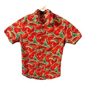 Mens Medium Button Up Shirt Red Green Watermelon Print Summer Casual Hawaiian